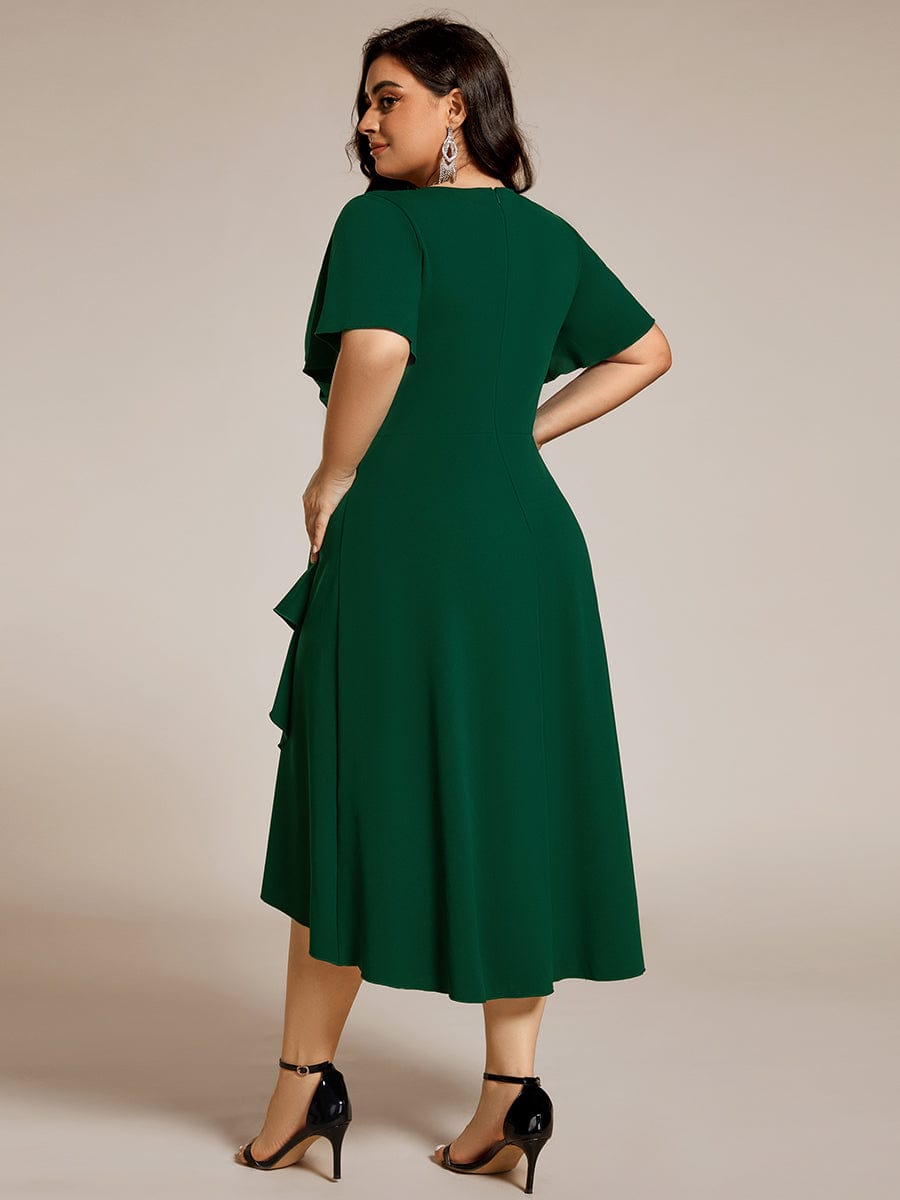 Robe d'invitée de mariage mi-longue à col en V très extensible #Couleur_Vert Fonce