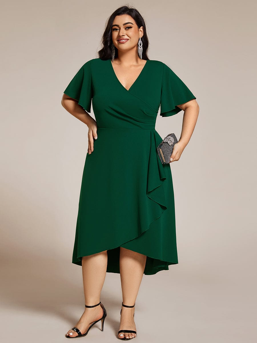 Robe d'invitée de mariage mi-longue à col en V très extensible #Couleur_Vert Fonce