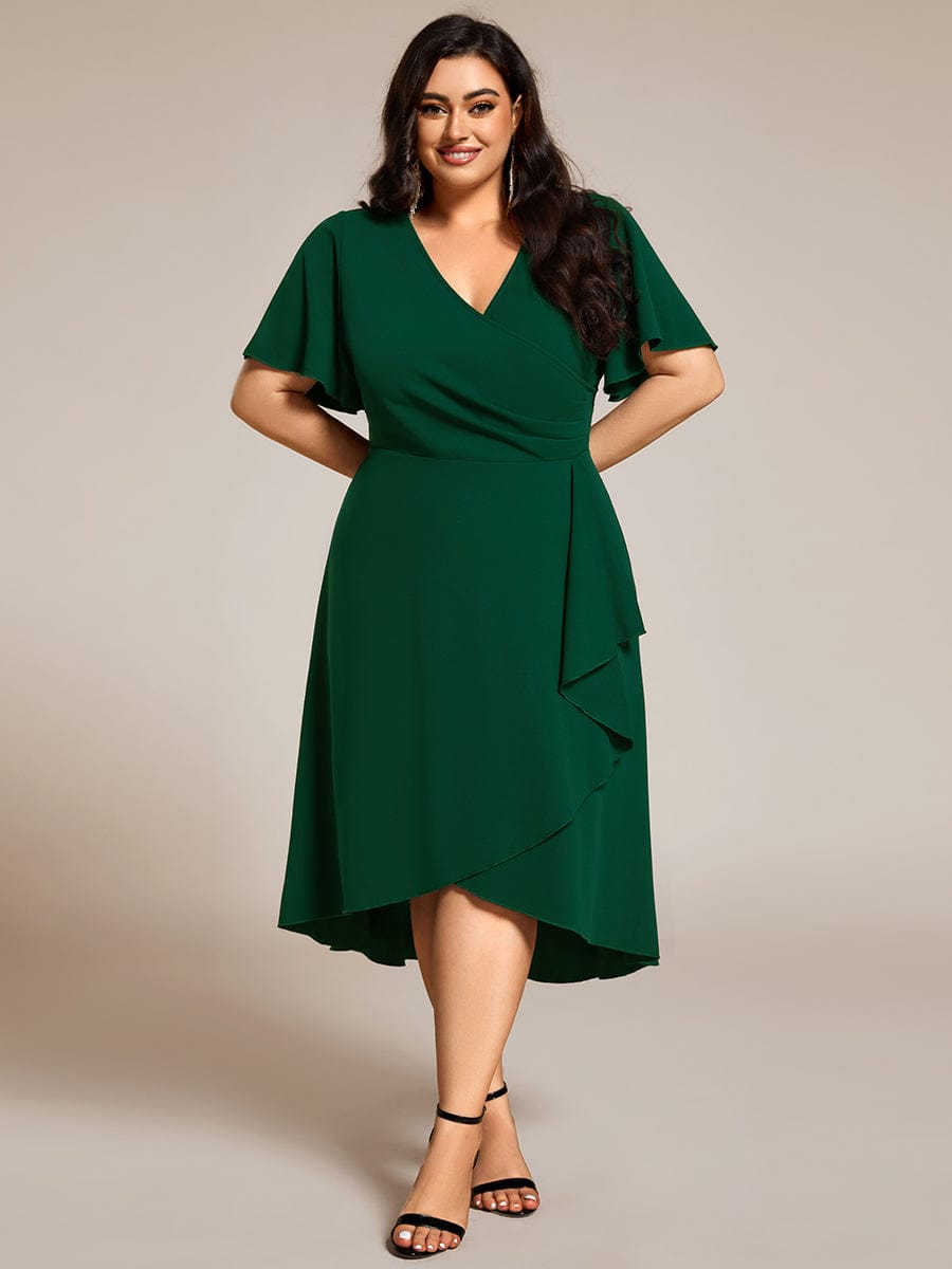 Robe d'invitée de mariage mi-longue à col en V très extensible #Couleur_Vert Fonce