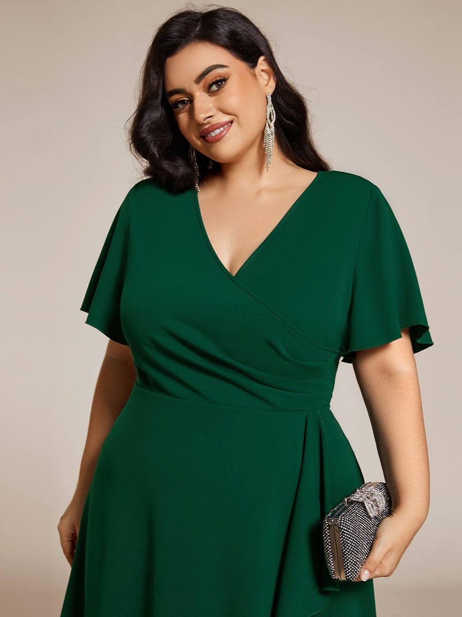 Robe d'invitée de mariage mi-longue à col en V très extensible #Couleur_Vert Fonce