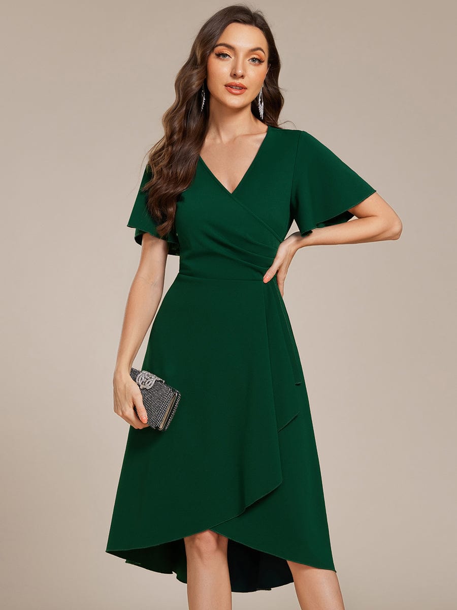 Robe d'invitée de mariage mi-longue à col en V très extensible #Couleur_Vert Fonce