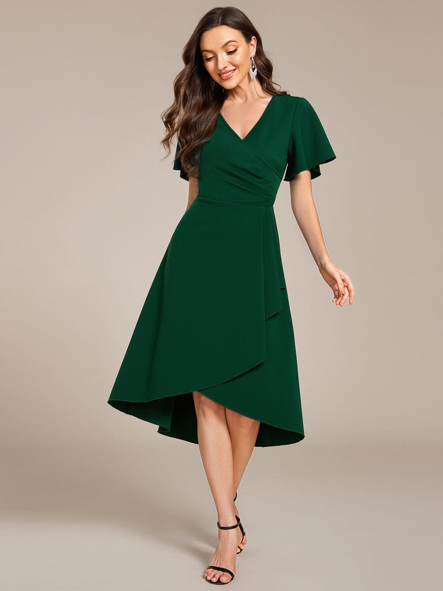 Robe d'invitée de mariage mi-longue à col en V très extensible #Couleur_Vert Fonce