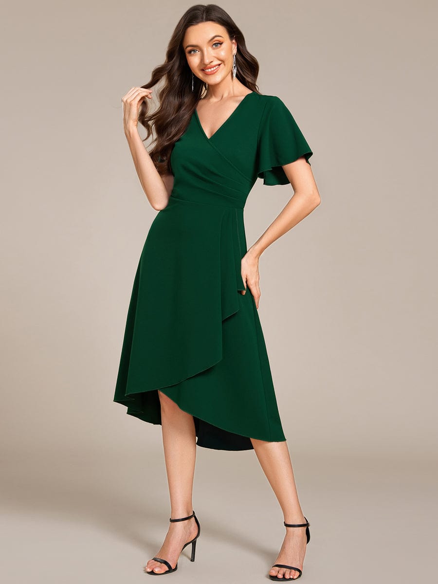 Robe d'invitée de mariage mi-longue à col en V très extensible #Couleur_Vert Fonce