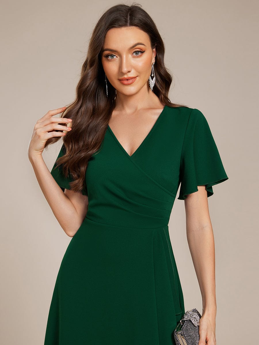 Robe d'invitée de mariage mi-longue à col en V très extensible #Couleur_Vert Fonce