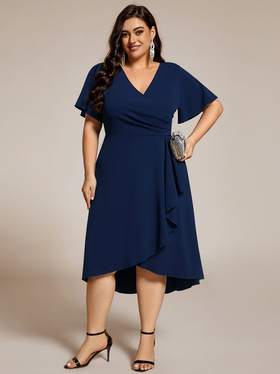 Robe d'invitée de mariage mi-longue à col en V très extensible #Couleur_Bleu Marine