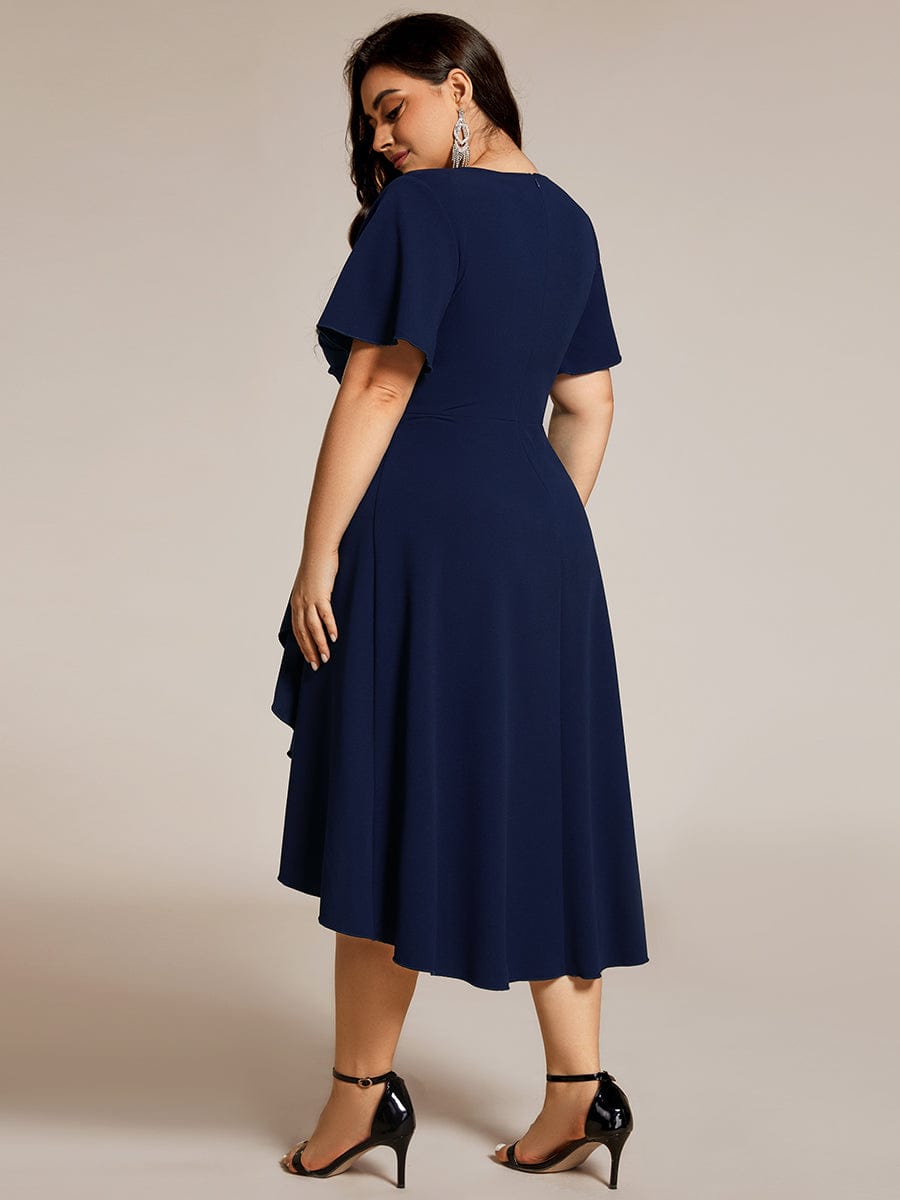 Robe d'invitée de mariage mi-longue à col en V très extensible #Couleur_Bleu Marine