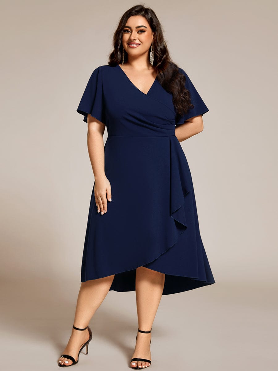 Robe d'invitée de mariage mi-longue à col en V très extensible #Couleur_Bleu Marine