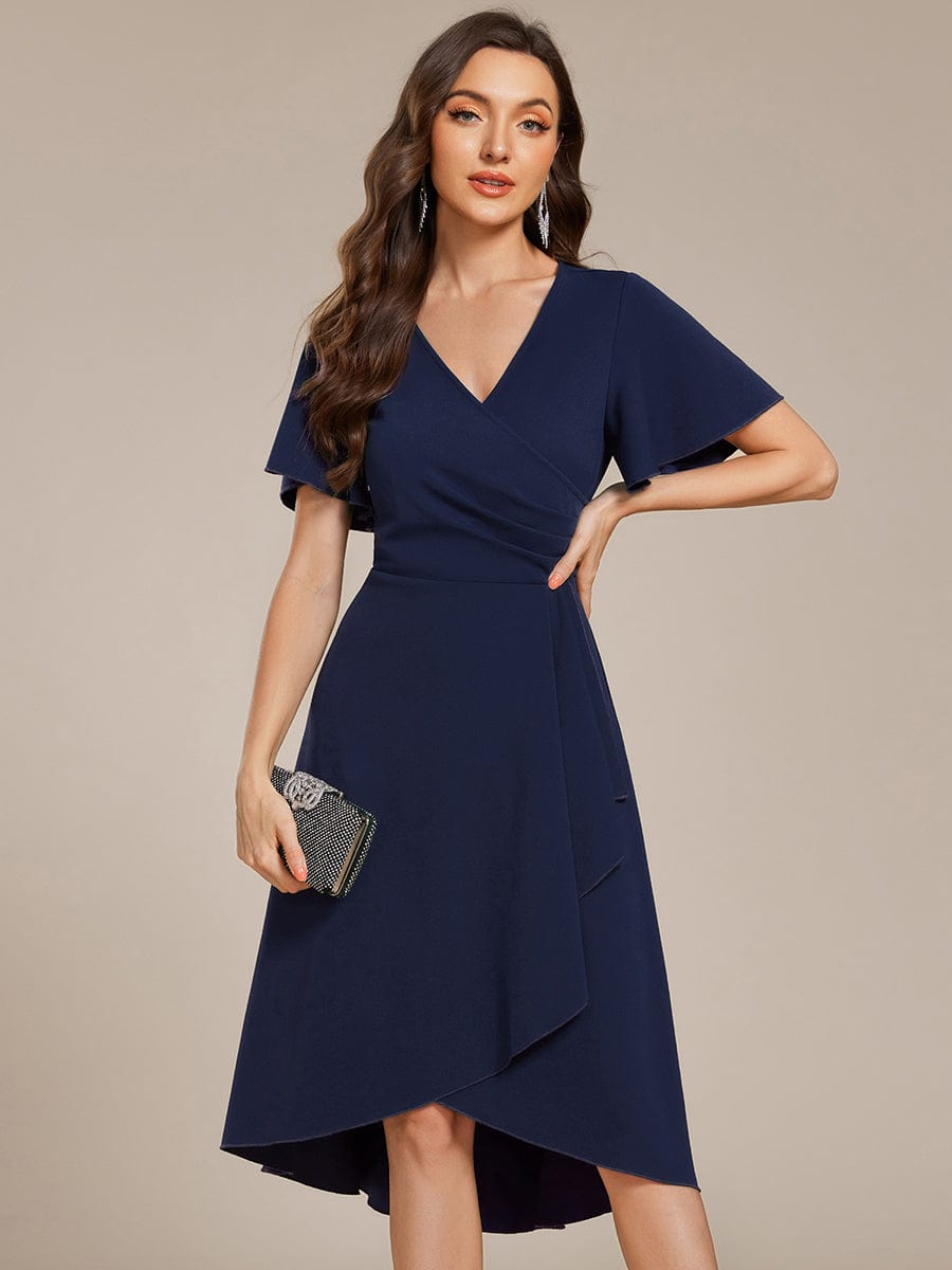 Robe d'invitée de mariage mi-longue à col en V très extensible #Couleur_Bleu Marine