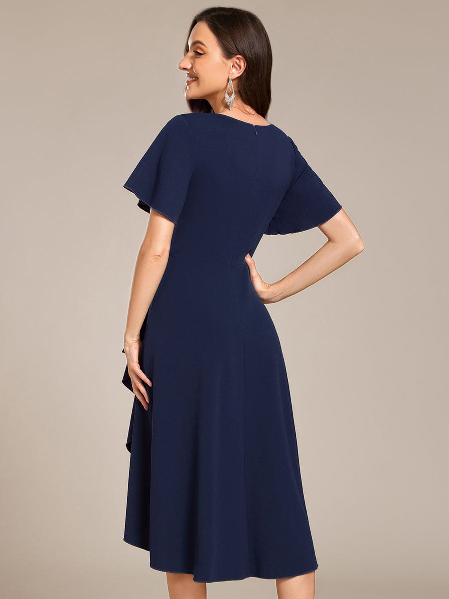 Robe d'invitée de mariage mi-longue à col en V très extensible #Couleur_Bleu Marine