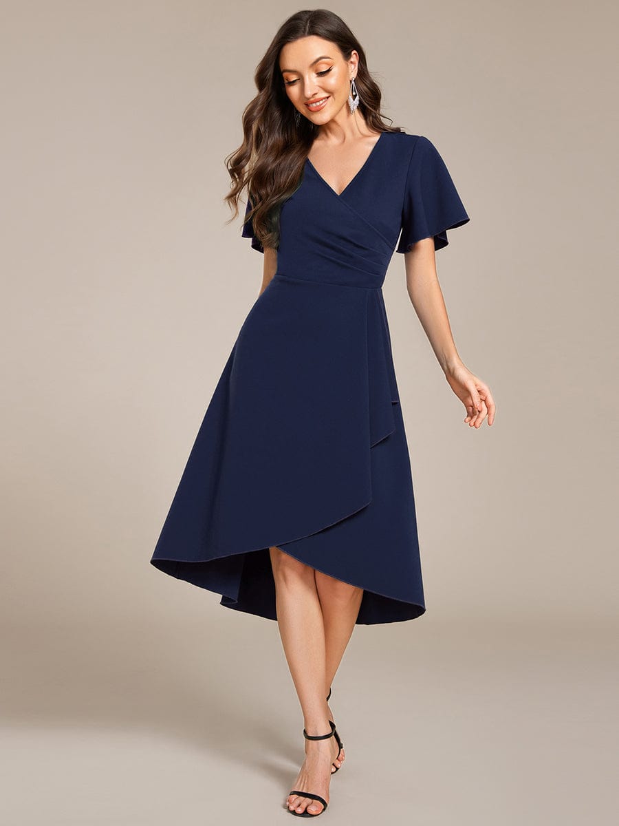 Robe d'invitée de mariage mi-longue à col en V très extensible #Couleur_Bleu Marine