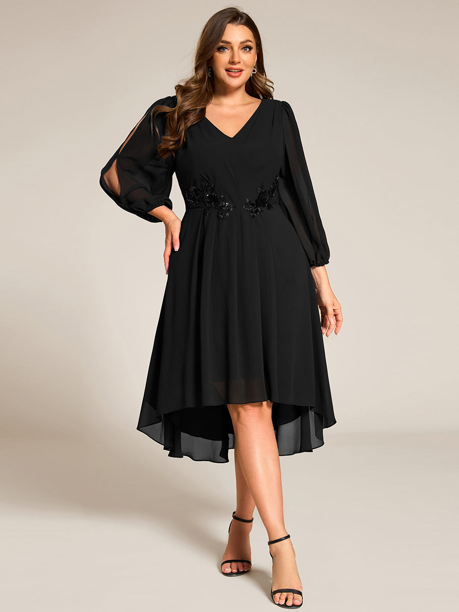 Robe d'invitée de mariage en mousseline à manches longues et col en V grande taille? #Couleur_Noir