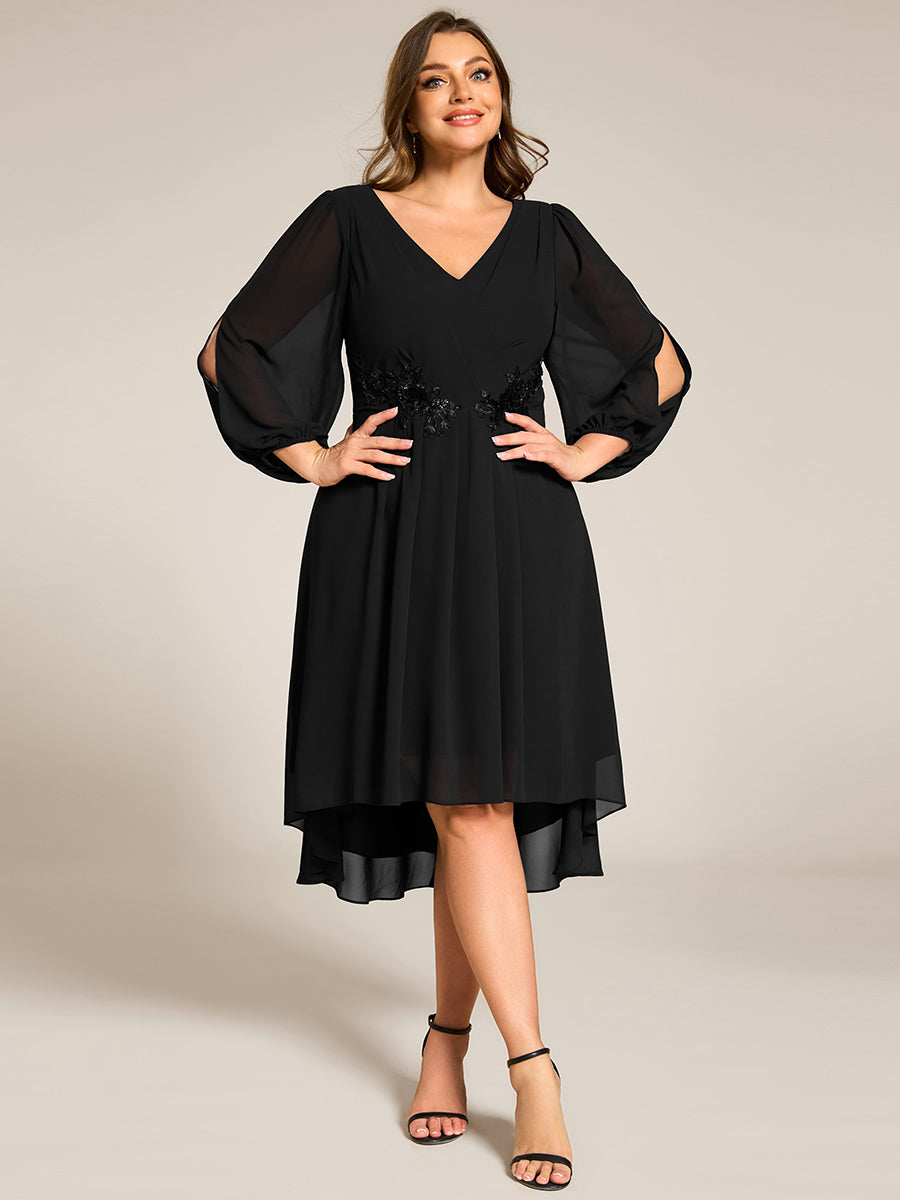 Robe d'invitée de mariage en mousseline à manches longues et col en V grande taille? #Couleur_Noir