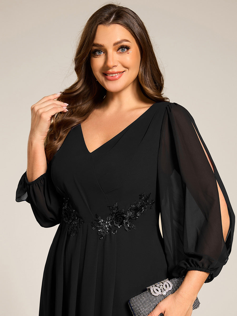 Robe d'invitée de mariage en mousseline à manches longues et col en V grande taille? #Couleur_Noir