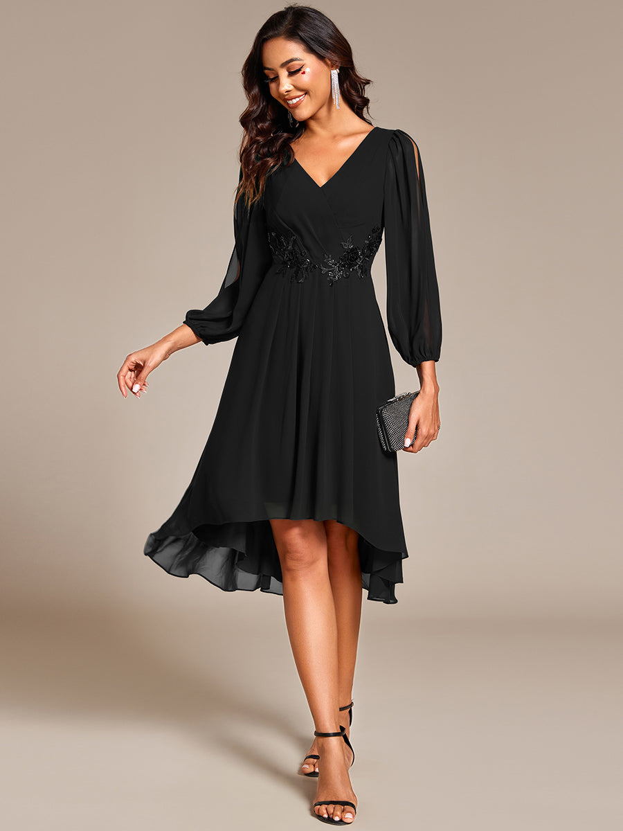 Robe d'invitée de mariage en mousseline de soie à manches longues et taille trapèze? #Couleur_Noir