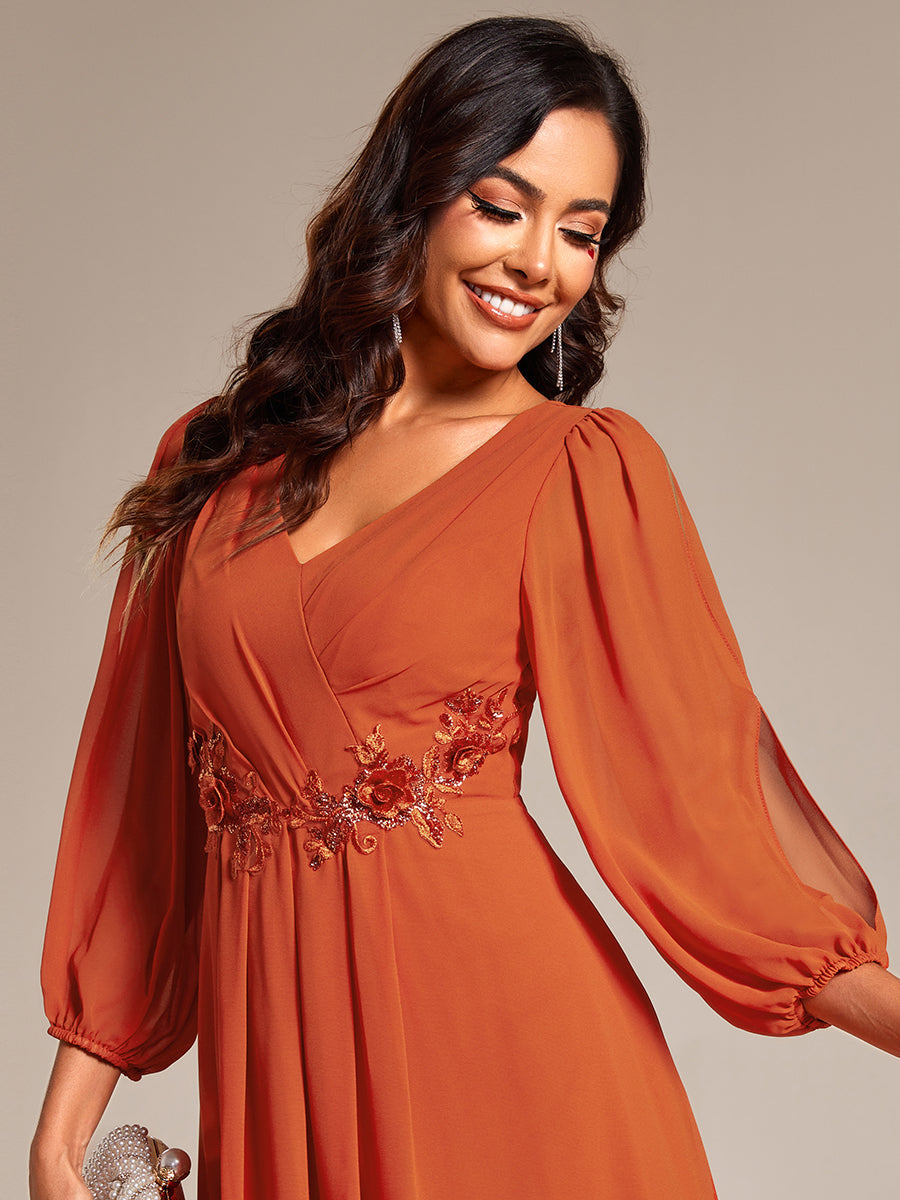 Robe d'invitée de mariage en mousseline de soie à manches longues et taille trapèze? #Couleur_Burnt Orange