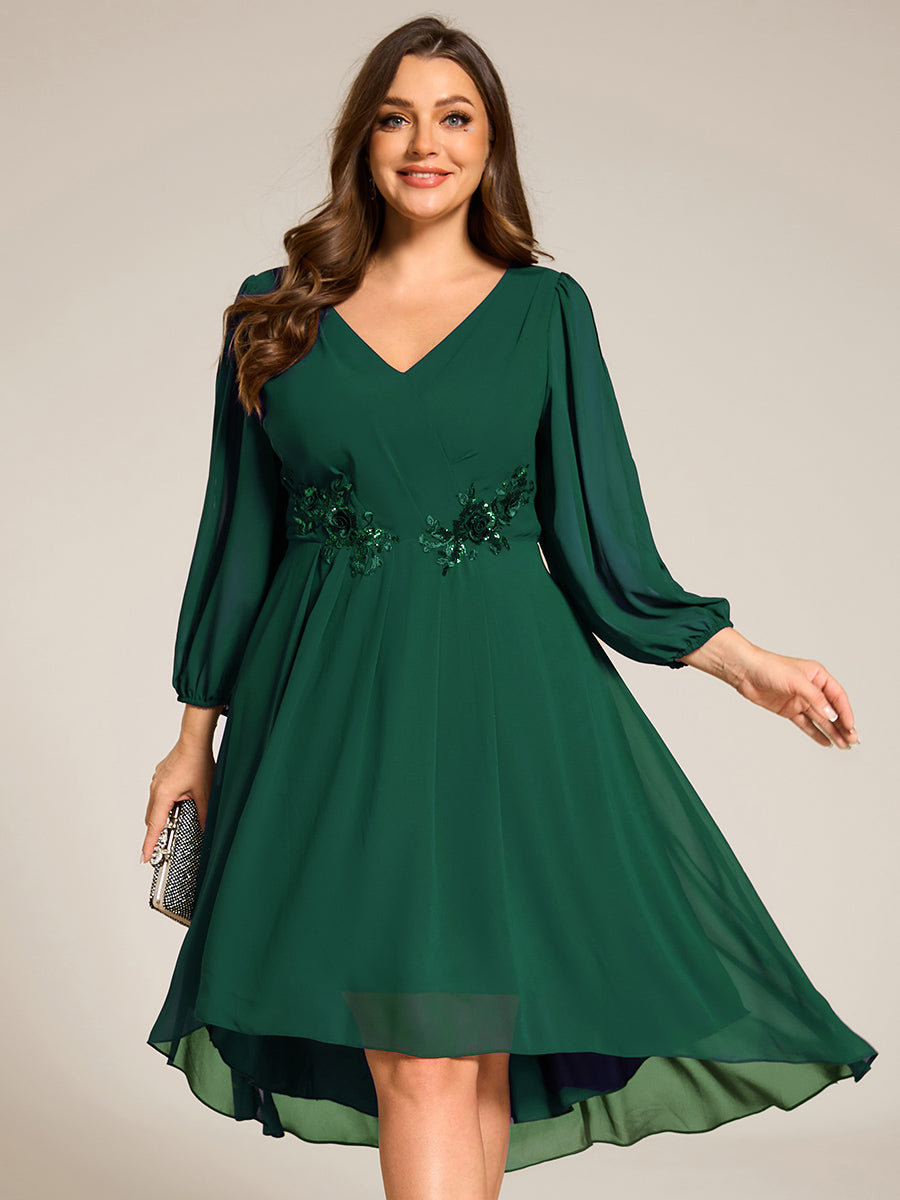 Robe d'invitée de mariage en mousseline de soie à manches longues et taille trapèze? #Couleur_Vert Fonce