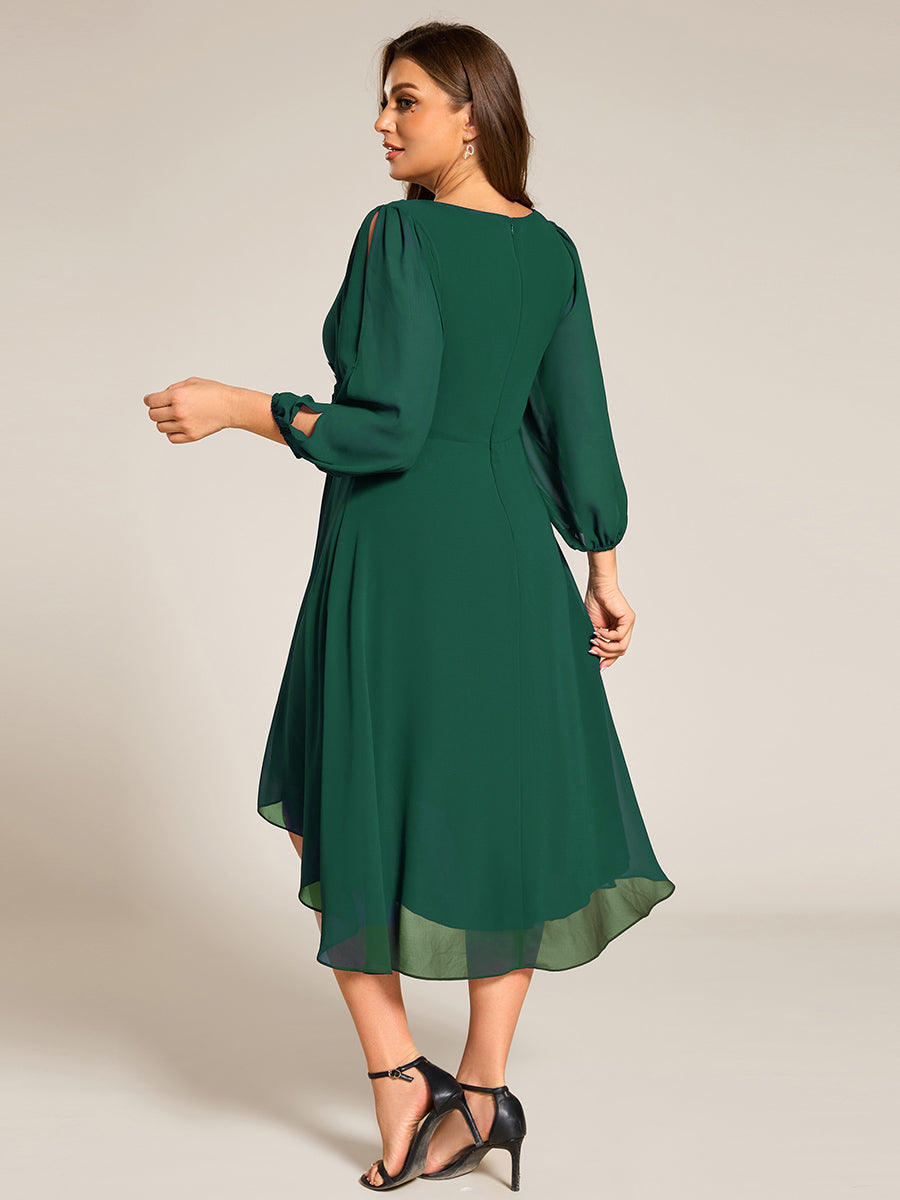 Robe d'invitée de mariage en mousseline de soie à manches longues et taille trapèze? #Couleur_Vert Fonce