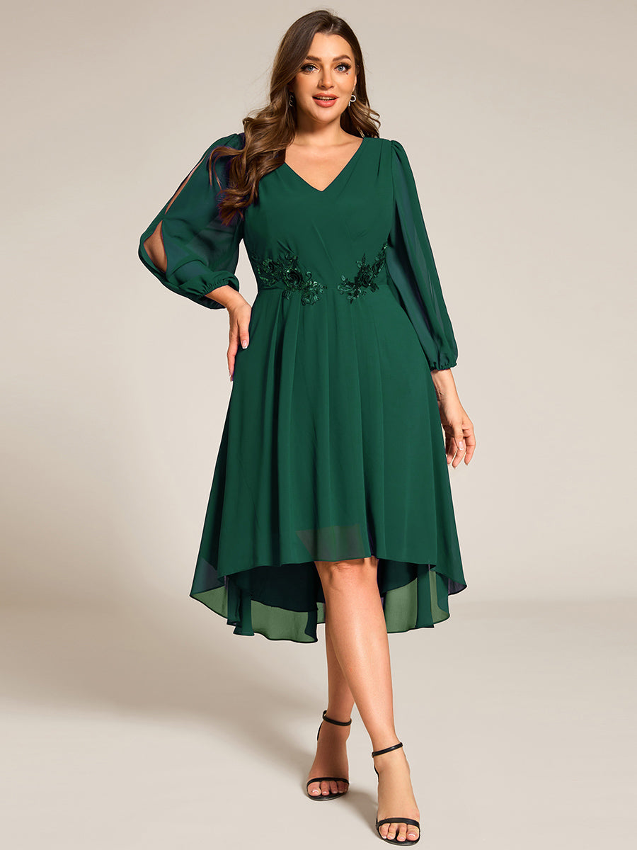 Robe d'invitée de mariage en mousseline de soie à manches longues et taille trapèze? #Couleur_Vert Fonce