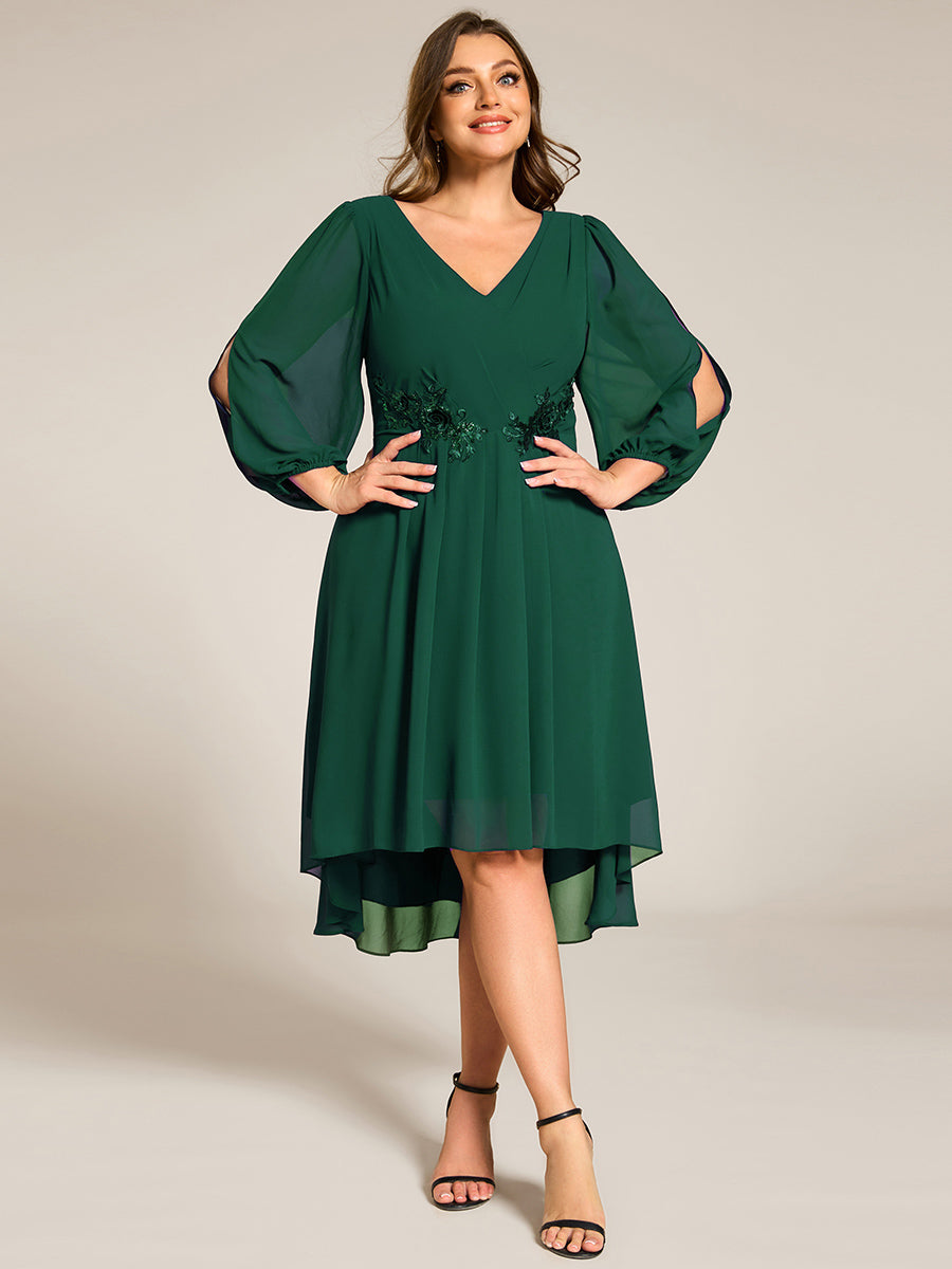 Robe d'invitée de mariage en mousseline de soie à manches longues et taille trapèze? #Couleur_Vert Fonce