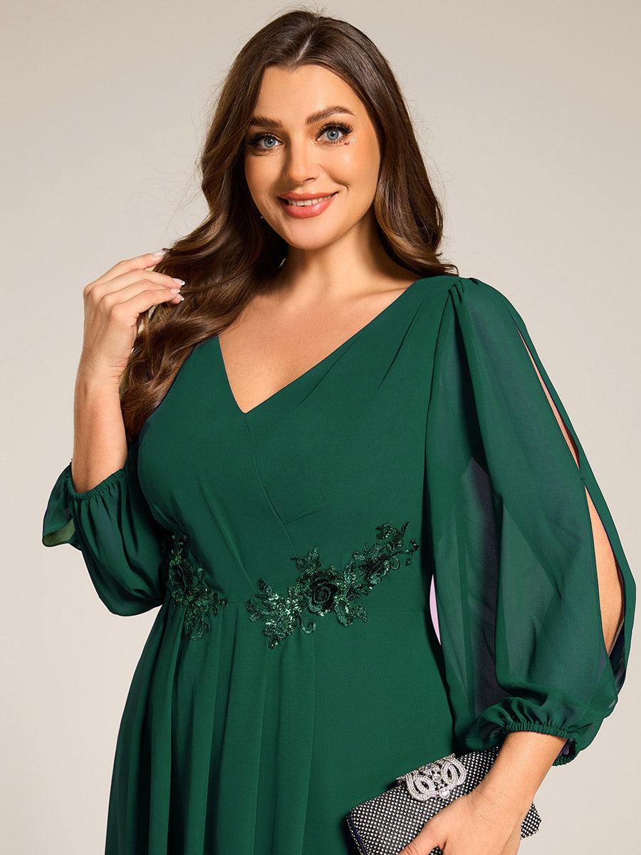 Robe d'invitée de mariage en mousseline de soie à manches longues et taille trapèze? #Couleur_Vert Fonce