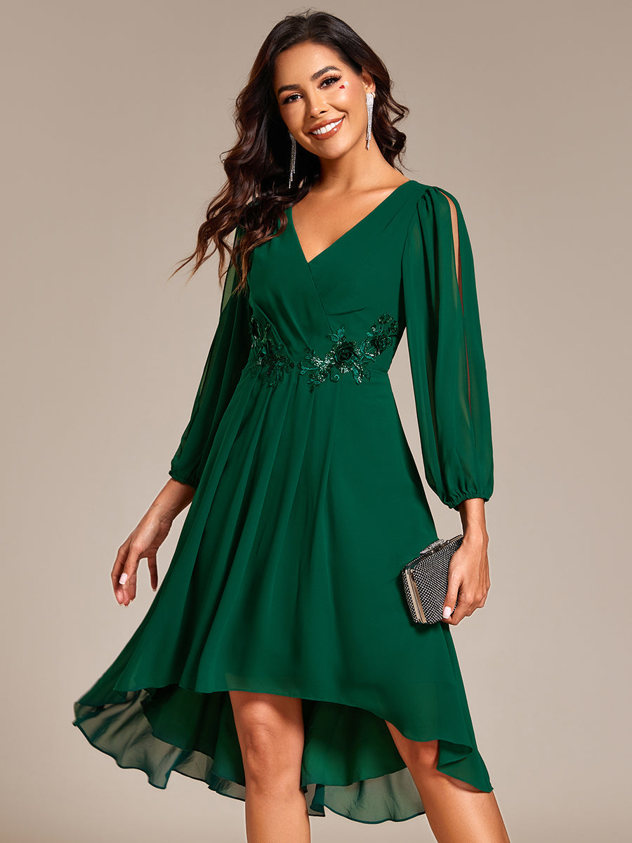 Robe d'invitée de mariage en mousseline de soie à manches longues et taille trapèze? #Couleur_Vert Fonce