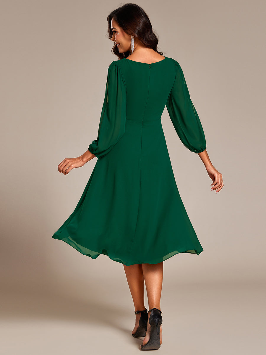 Robe d'invitée de mariage en mousseline de soie à manches longues et taille trapèze? #Couleur_Vert Fonce