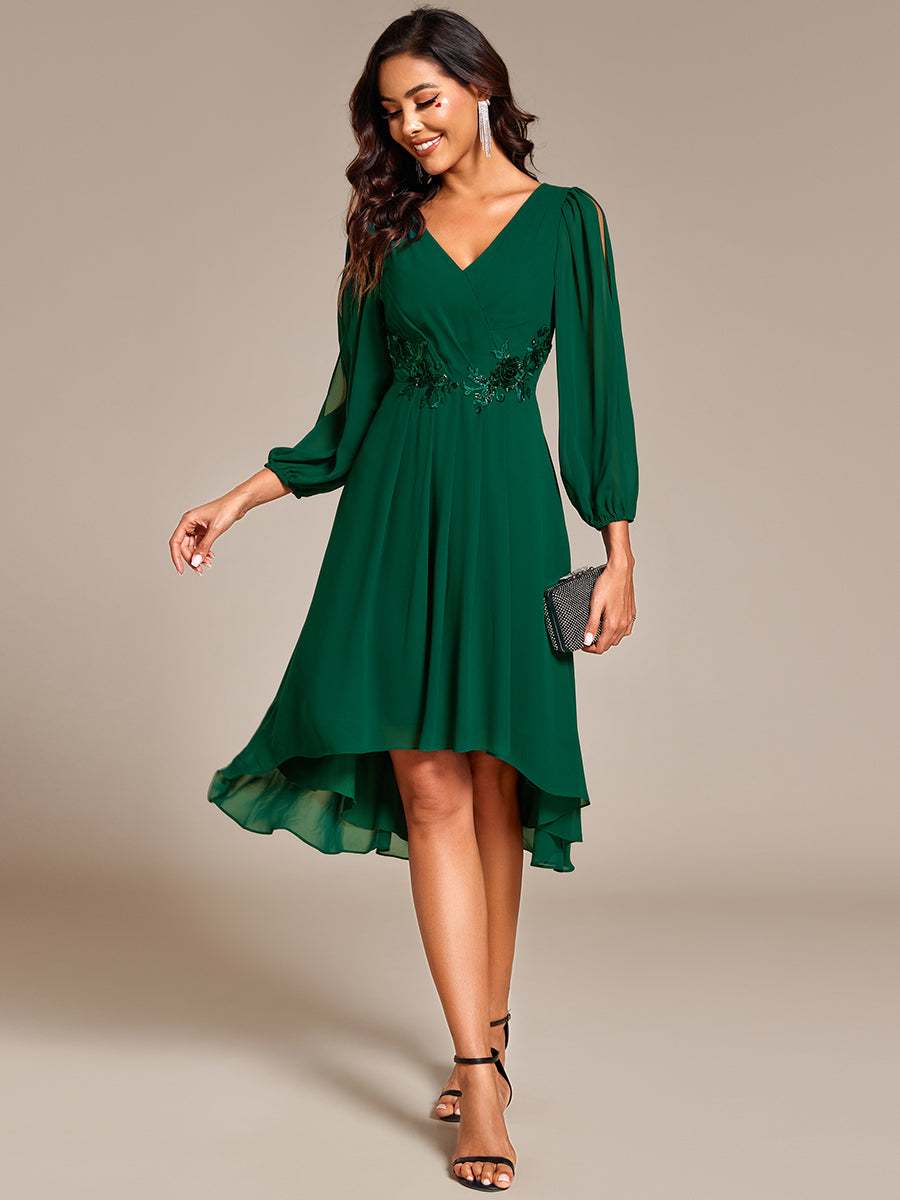 Robe d'invitée de mariage en mousseline de soie à manches longues et taille trapèze? #Couleur_Vert Fonce