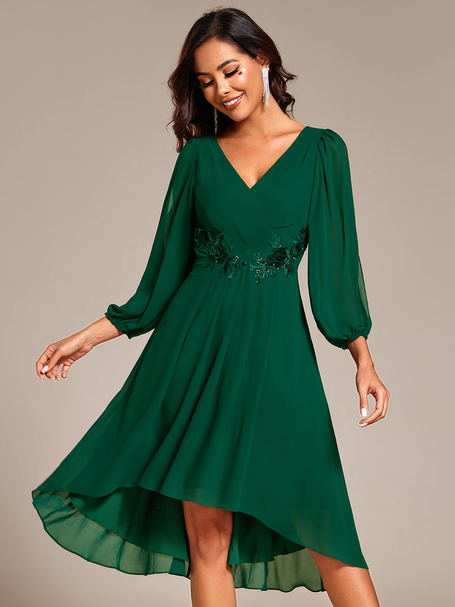 Robe d'invitée de mariage en mousseline de soie à manches longues et taille trapèze? #Couleur_Vert Fonce