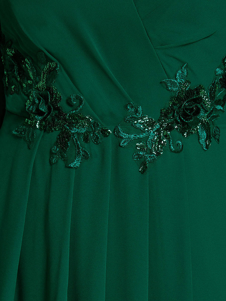 Robe d'invitée de mariage en mousseline de soie à manches longues et taille trapèze? #Couleur_Vert Fonce