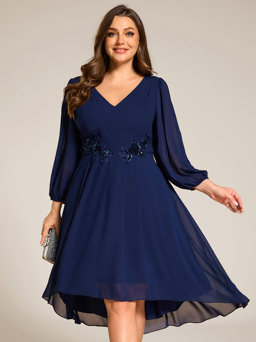 Robe d'invitée de mariage en mousseline de soie à manches longues et taille trapèze? #Couleur_Bleu Marine