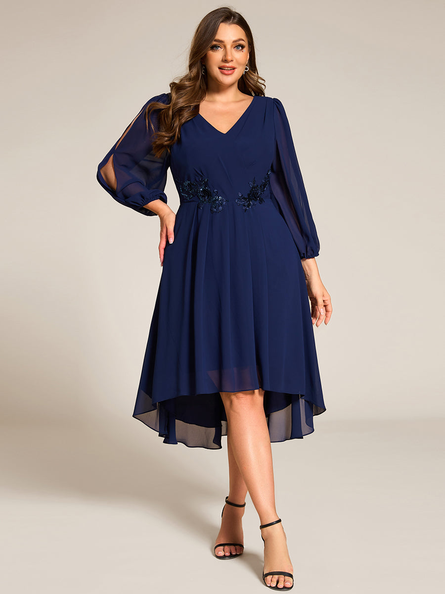 Robe d'invitée de mariage en mousseline de soie à manches longues et taille trapèze? #Couleur_Bleu Marine