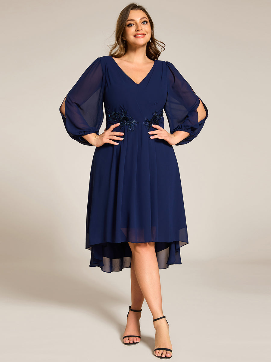 Robe d'invitée de mariage en mousseline de soie à manches longues et taille trapèze? #Couleur_Bleu Marine