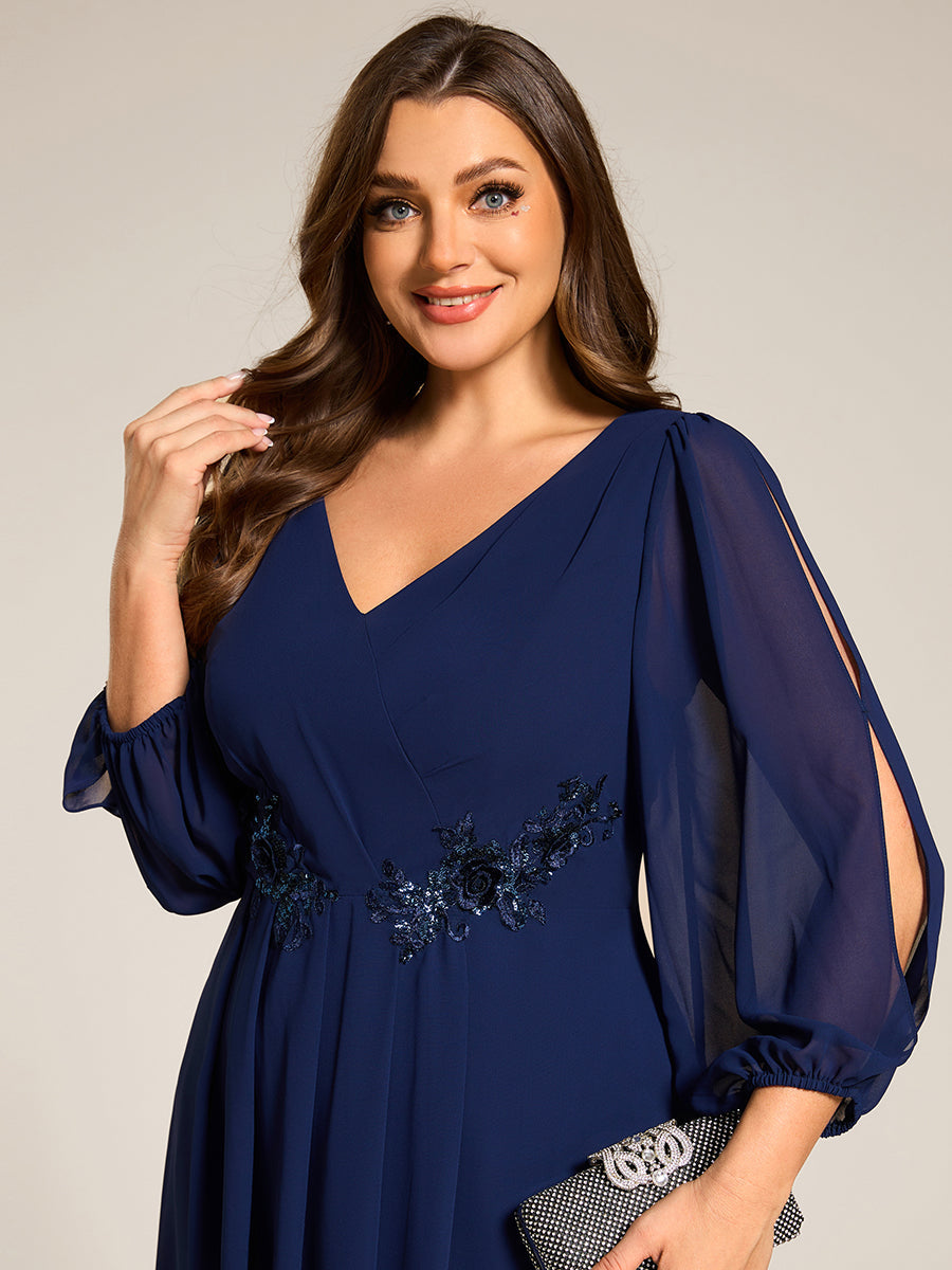 Robe d'invitée de mariage en mousseline de soie à manches longues et taille trapèze? #Couleur_Bleu Marine