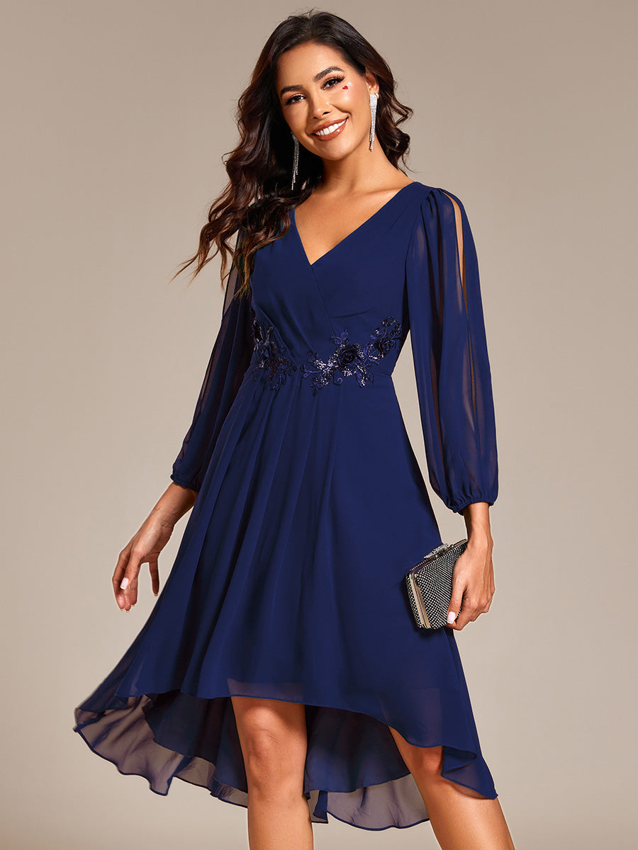 Robe d'invitée de mariage en mousseline de soie à manches longues et taille trapèze? #Couleur_Bleu Marine