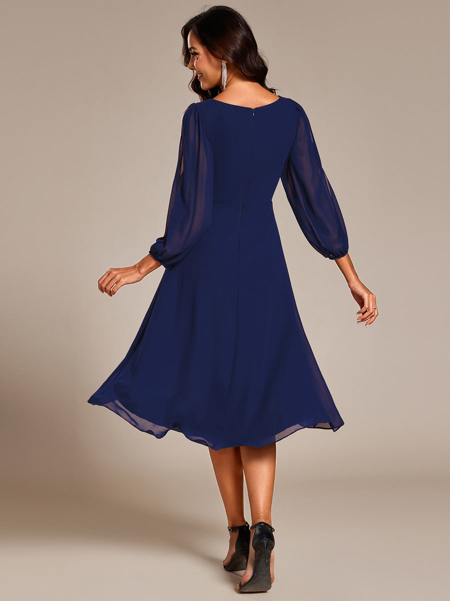 Robe d'invitée de mariage en mousseline de soie à manches longues et taille trapèze? #Couleur_Bleu Marine