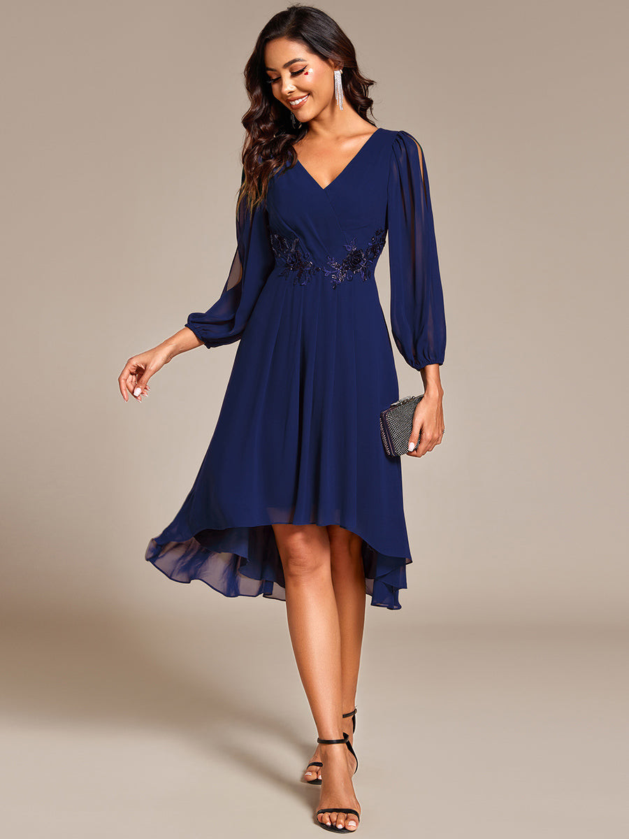 Robe d'invitée de mariage en mousseline de soie à manches longues et taille trapèze? #Couleur_Bleu Marine