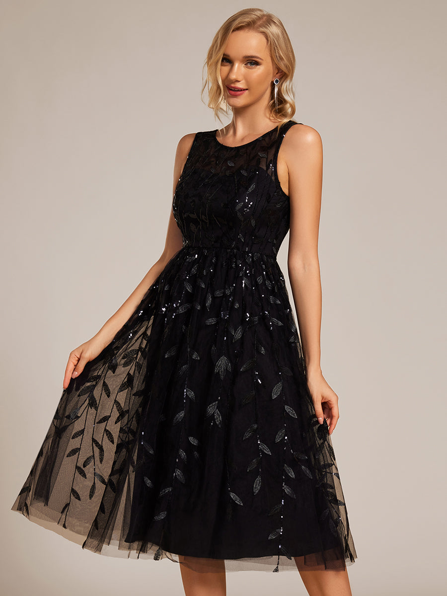 Robe d'invitée de mariage mi-longue à paillettes et col rond sans manches #Couleur_Noir