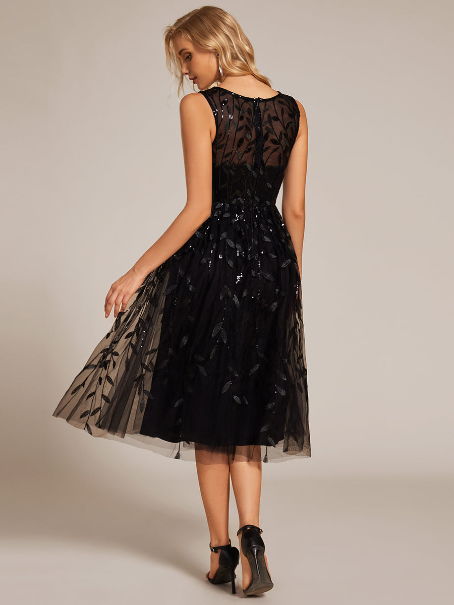 Robe d'invitée de mariage mi-longue à paillettes et col rond sans manches #Couleur_Noir