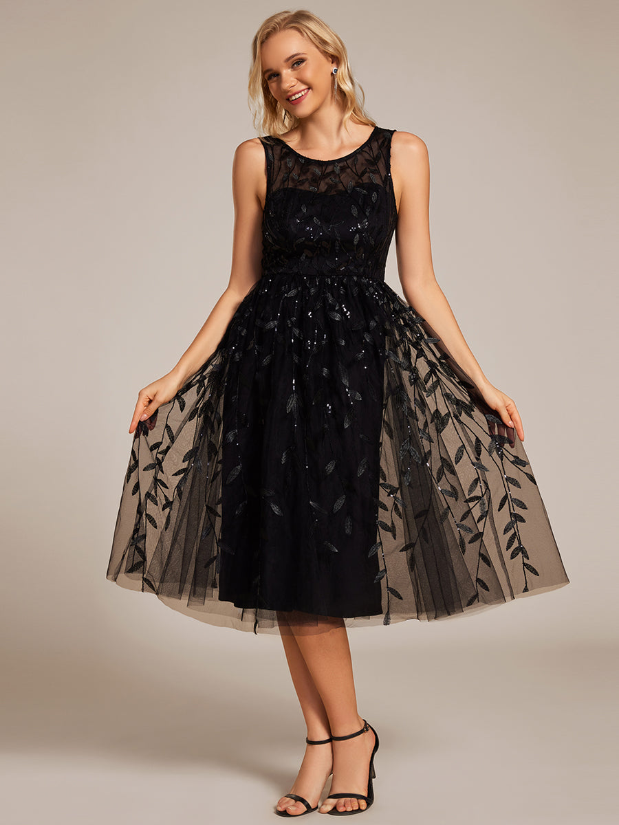 Robe d'invitée de mariage mi-longue à paillettes et col rond sans manches #Couleur_Noir