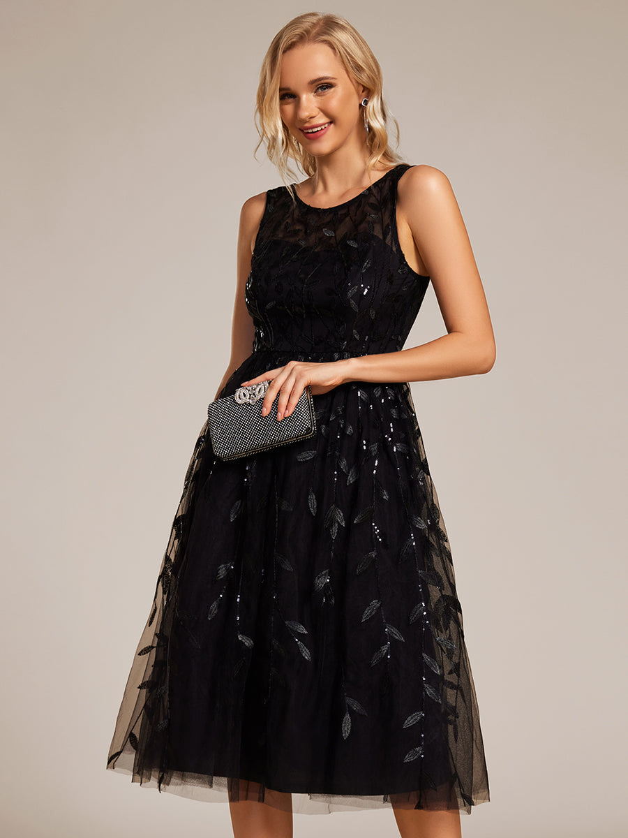 Robe d'invitée de mariage mi-longue à paillettes et col rond sans manches #Couleur_Noir