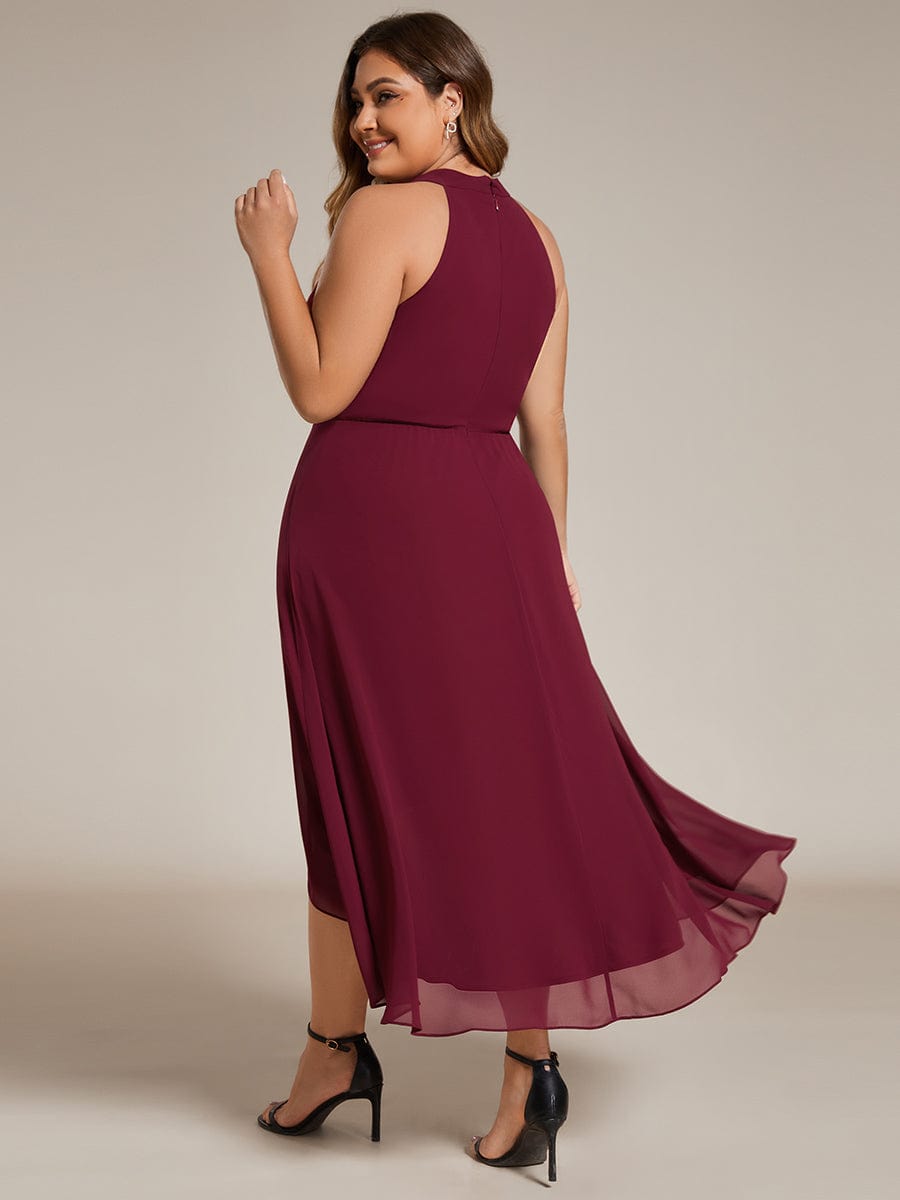 Robe d'invité de mariage mi-longue sans manches et col licou en mousseline de soie #Couleur_Bordeaux