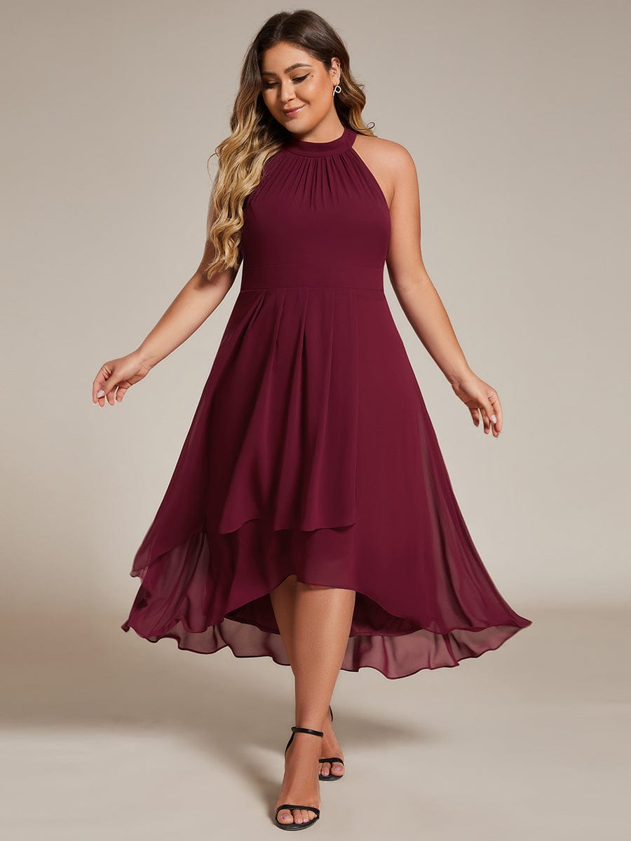 Robe d'invité de mariage mi-longue sans manches et col licou en mousseline de soie #Couleur_Bordeaux