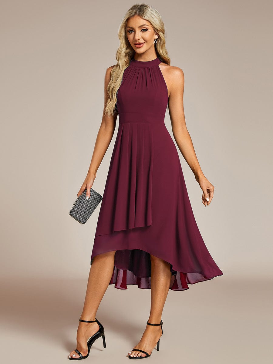 Robe d'invité de mariage mi-longue sans manches et col licou en mousseline de soie #Couleur_Bordeaux