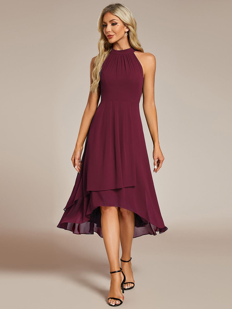 Robe d'invité de mariage mi-longue sans manches et col licou en mousseline de soie #Couleur_Bordeaux