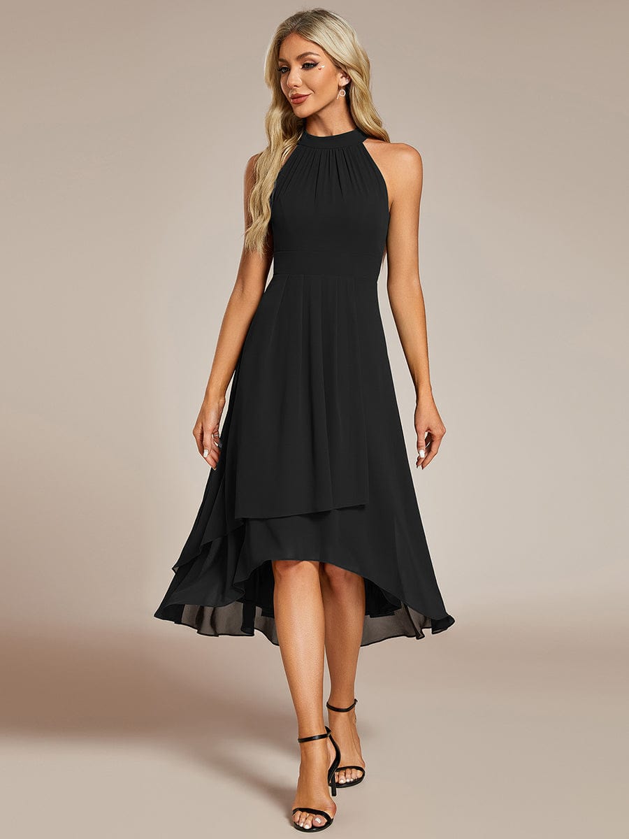 Robe d'invité de mariage mi-longue sans manches et col licou en mousseline de soie #Couleur_Noir