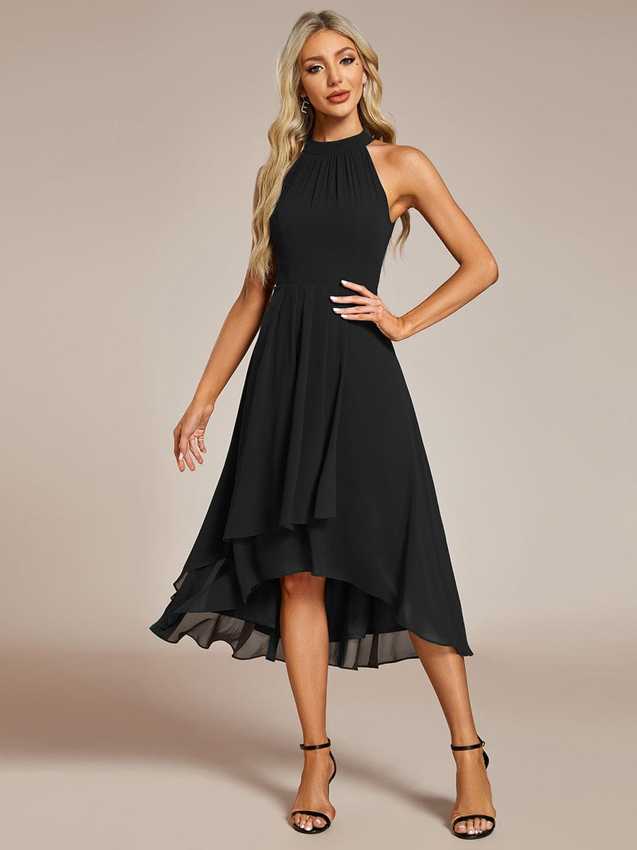 Robe d'invité de mariage mi-longue sans manches et col licou en mousseline de soie #Couleur_Noir