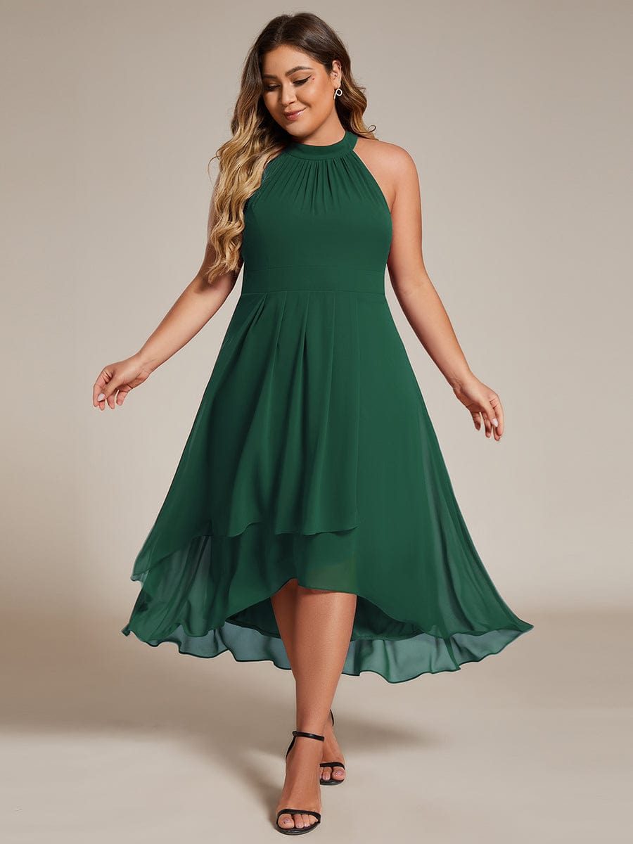 Robe d'invité de mariage mi-longue sans manches et col licou en mousseline de soie #Couleur_Vert Fonce