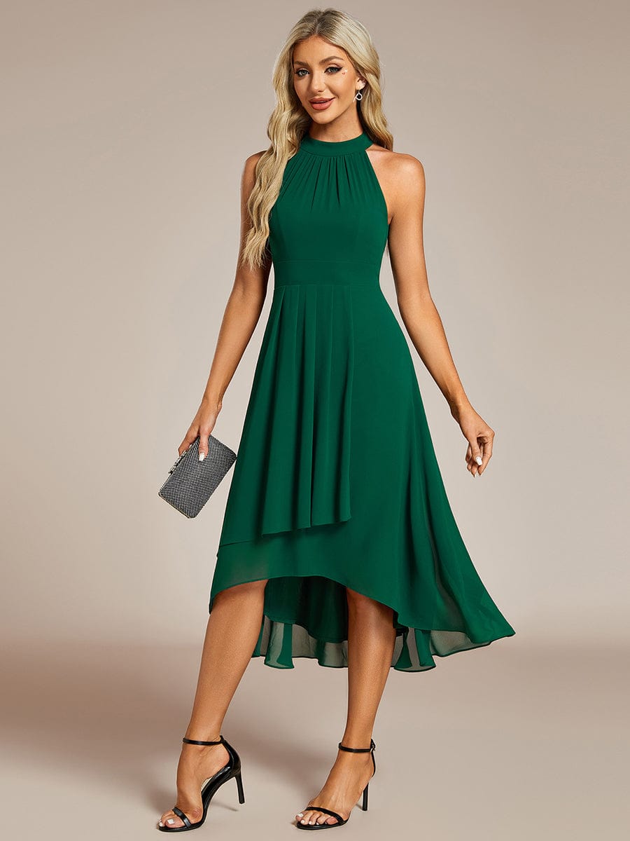 Robe d'invité de mariage mi-longue sans manches et col licou en mousseline de soie #Couleur_Vert Fonce