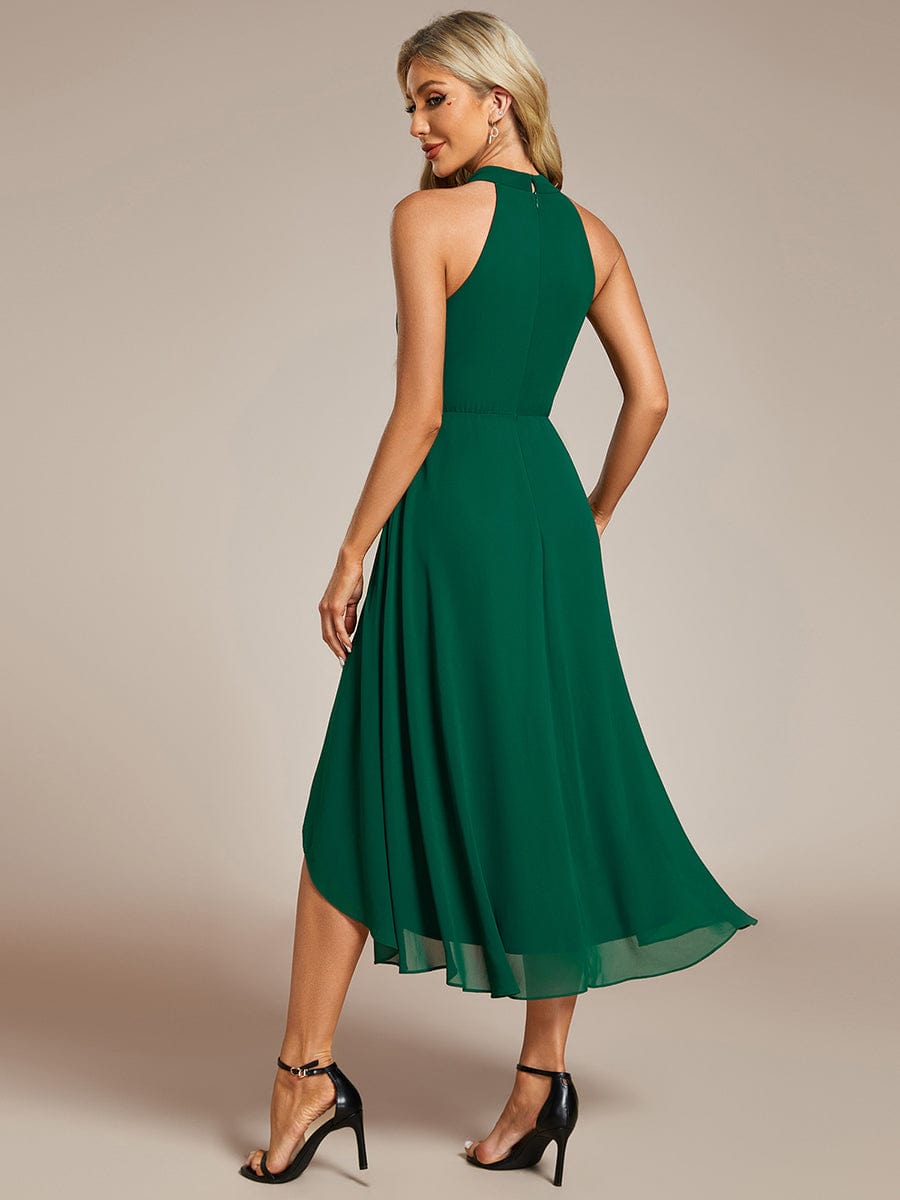 Robe d'invité de mariage mi-longue sans manches et col licou en mousseline de soie #Couleur_Vert Fonce