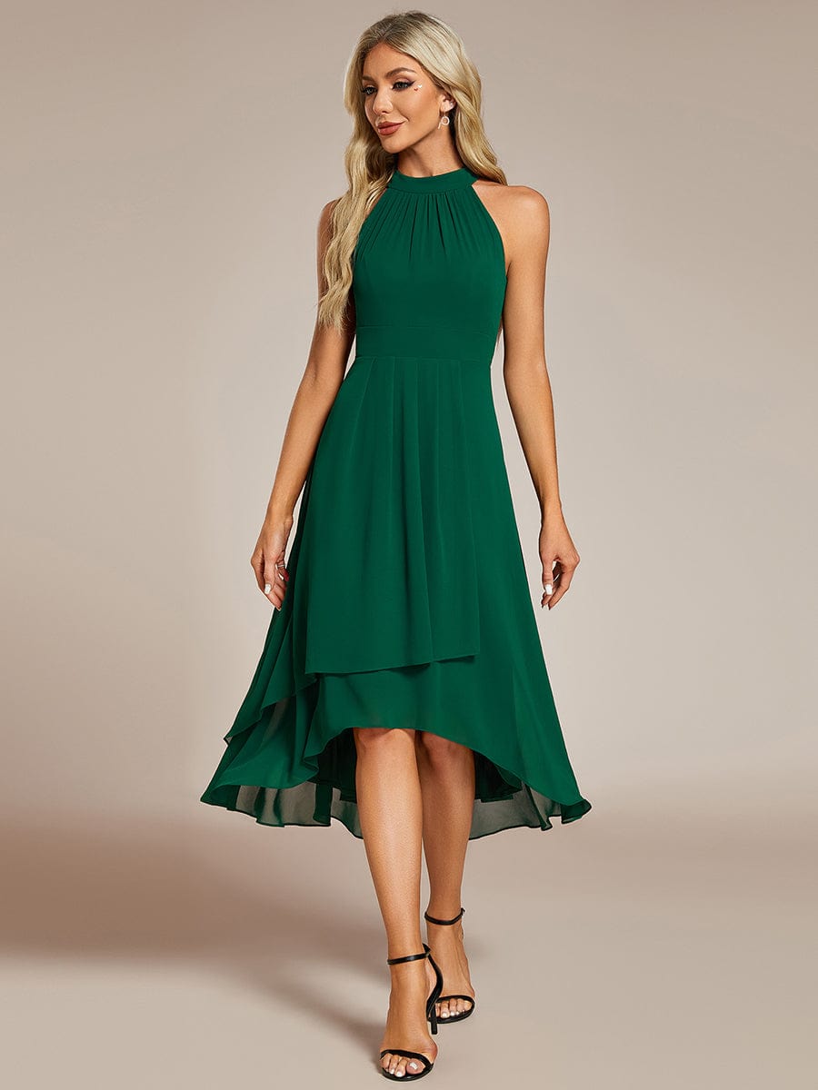 Robe d'invité de mariage mi-longue sans manches et col licou en mousseline de soie #Couleur_Vert Fonce